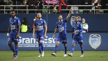 Yoann Touzghar of Troyes #7 celebrates his goal with teammates during the French championship Ligue 1 football match between ESTAC Troyes and Olympique de Marseille (OM) on February 27, 2022 at Stade de l&#039;Aube in Troyes, France - Photo Jean Catuffe /