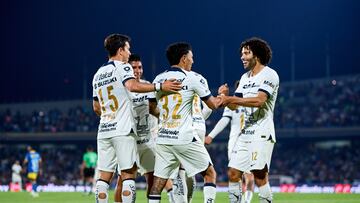    Leonardo Suarez celebrates his goal 2-1 with Piero Quispe of Pumas during the 16th round match between Pumas UNAM and America as part of the Torneo Clausura 2024 Liga BBVA MX at Olimpico Universitario Stadium on April 20, 2024 in Mexico City, Mexico.