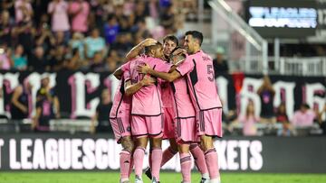 Aug 8, 2024; Ft. Lauderdale, Florida, USA; Inter Miami CF midfielder Matias Rojas (7) celebrates with defender Sergio Busquets (5) defender Yannick Bright (42) and defender Jordi Alba (18) after scoring a goal against Toronto FC in the second half during the Leagues Cup round of 32 at Chase Stadium. Mandatory Credit: Nathan Ray Seebeck-USA TODAY Sports