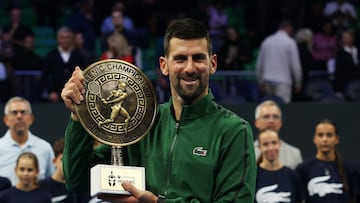 Tennis - ATP 250 - Hellenic Championship - Telekom Center Athens, Marousi, Greece - November 8, 2025 Serbia's Novak Djokovic celebrates with the trophy after winning his final match against Italy's Lorenzo Musetti REUTERS/Louiza Vradi