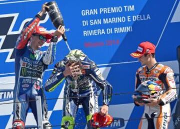 Valentino Rossi, Jorge Lorenzo y Dani Pedrosa en el podio del  GP de San Marino 