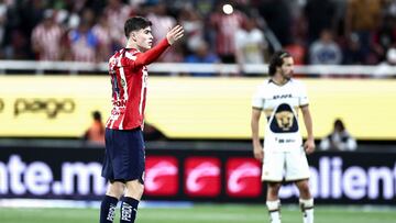 Guadalajara's forward #34 Armando Gonzalez celebrates scoring his team's second goal during the Liga MX Clausura football match between Guadalajara and Pumas at Akron stadium in Zapopan, Jalisco state, Mexico, on April 5, 2026. (Photo by Ulises Ruiz / AFP)