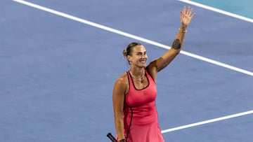 Mar 25, 2026; Miami Gardens, FL, USA; Aryna Sabalenka of Belarus celebrates winning her match against Hailey Baptiste of the United States in the quarter finals of the women’s singles at the Miami Open at Hard Rock Stadium. Mandatory Credit: Mike Frey-Imagn Images