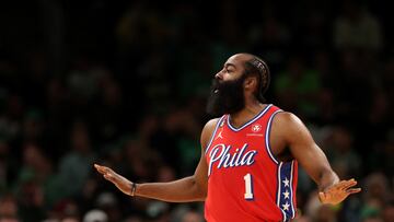 BOSTON, MASSACHUSETTS - MAY 01: James Harden #1 of the Philadelphia 76ers disputes a foul called against him during the first quarter in game one of the Eastern Conference Second Round Playoffs at TD Garden on May 01, 2023 in Boston, Massachusetts. NOTE TO USER: User expressly acknowledges and agrees that, by downloading and or using this photograph, User is consenting to the terms and conditions of the Getty Images License Agreement.   Maddie Meyer/Getty Images/AFP (Photo by Maddie Meyer / GETTY IMAGES NORTH AMERICA / Getty Images via AFP)