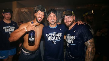 Sep 27, 2024; Atlanta, Georgia, USA; Kansas City Royals left fielder MJ Melendez (1) and second baseman Adam Frazier (26) and center fielder Kyle Isbel (28) celebrate after clinching a wild card playoff birth after a game against the Atlanta Braves at Truist Park. Mandatory Credit: Brett Davis-Imagn Images
