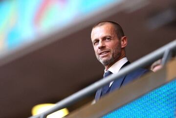 FILE PHOTO: Soccer Football - Euro 2020 - Semi Final - England v Denmark - Wembley Stadium, London, Britain - July 7, 2021 UEFA President Aleksander Ceferin in the stands before the match Pool via REUTERS/Catherine Ivill/File Photo