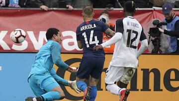 United States defender Paul Arriola (14) scores a goal over Costa Rica goalkeeper Esteban Alvarado (1) during the second half of an international friendly soccer match on Saturday, Feb. 2, 2019, in San Jose, Calif. United States won 2-0. (AP Photo/Tony Avelar)