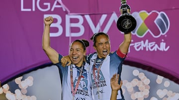 Charlyn Corral and Monica Ocampo of Pachuca lift the championship trophy during the Great-Final second leg match between America and Pachuca as part of the Torneo Clausura 2025, Liga MX Femenil at Ciudad de los Deportes Stadium on May 12, 2025 in Mexico City, Mexico.
