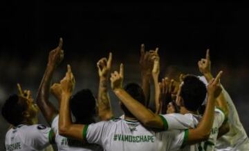 Los jugadores del Chapecoense celebran el primer gol dedos al cielo recordando a los integrantes de la plantilla que fallecieron en el trágico accidente aérero.