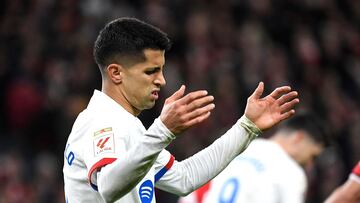 Barcelona's Portuguese defender #02 Joao Cancelo reacts during the Spanish league football match between Athletic Club Bilbao and FC Barcelona at the San Mames stadium in Bilbao on March 3, 2024. (Photo by ANDER GILLENEA / AFP)