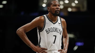 NEW YORK, NEW YORK - OCTOBER 14: Kevin Durant #7 of the Brooklyn Nets looks on during the first half against the Minnesota Timberwolves at Barclays Center on October 14, 2021 in the Brooklyn borough of New York City. NOTE TO USER: User expressly acknowled