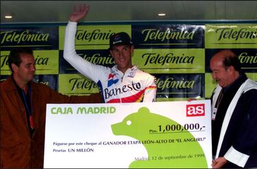 Vuelta a Espa?a 1999, octava etapa. Len - Alto de l'Angliru. El Chava vence en la primera ascensin que se hace a unos de los puertos ms duros que se conocen. Un milln de las antiguas pesetas fue el premio.
