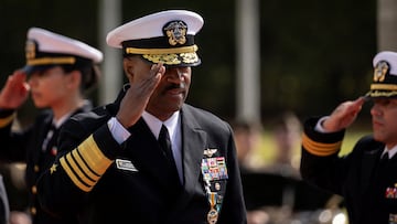 Navy Admiral Alvin Holsey salutes during the U.S. Southern Command relinquishment of command ceremony at the SOUTHCOM headquarters in Doral, Florida, U.S. December 12, 2025. REUTERS/Marco Bello