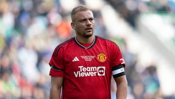 EDINBURGH, SCOTLAND - OCTOBER 15: Manchester United XI's Wes Brown in action during a David Gray Testimonial match between Hibernian and Manchester United Select at Easter Road, on October 15, 2023, in Edinburgh, Scotland. (Photo by Ross Parker/SNS Group via Getty Images)