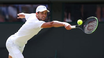 Tennis - Wimbledon - All England Lawn Tennis and Croquet Club, London, Britain - July 9, 2023 Colombia's Daniel Elahi Galan in action during his fourth round match against Italy's Jannik Sinner REUTERS/Toby Melville
