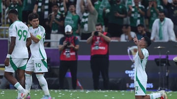 Ahli's Brazilian forward #13 Galeno celebrates scoring his team's first goal during the AFC Champions League final match between Saudi's Al-Ahli and Japan's Kawasaki at King Abdullah Sports City in Jeddah on May 3, 2025. (Photo by AFP)