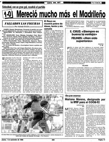 Cr&oacute;nica del partido Atl&eacute;tico Madrile&ntilde;o-Rayo Vallecano que fue a ver Di St&eacute;fano al Calder&oacute;n el 31 de agosto de 1988.