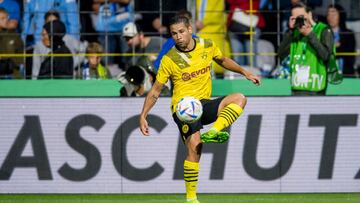 MUNICH, GERMANY - JULY 29: Raphael Guerreiro of Borussia Dortmund in action during the DFB Cup: First Round match between TSV 1860 München v Borussia Dortmund at the Stadion an der Gruenwalder Straße on July 29, 2022 in Munich, Germany. (Photo by Alexandre Simoes/Borussia Dortmund via Getty Images)