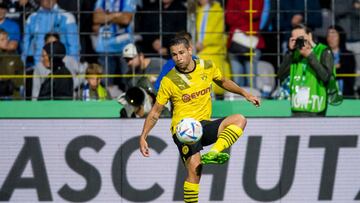 MUNICH, GERMANY - JULY 29: Raphael Guerreiro of Borussia Dortmund in action during the DFB Cup: First Round match between TSV 1860 M¨¹nchen v Borussia Dortmund at the Stadion an der Gruenwalder Stra?e on July 29, 2022 in Munich, Germany. (Photo by Alexandre Simoes/Borussia Dortmund via Getty Images)