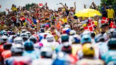 Illustration picture of the pack of riders pictured in action during stage three of the Tour de France cycling race, 182km from Vejle to Sonderborg, Denmark on Sunday 03 July 2022. This year's Tour de France takes place from 01 to 24 July 2022 and starts with three stages in Denmark. BELGA PHOTO JASPER JACOBS (Photo by JASPER JACOBS / BELGA MAG / Belga via AFP) (Photo by JASPER JACOBS/BELGA MAG/AFP via Getty Images)