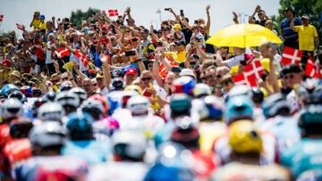 Illustration picture of the pack of riders pictured in action during stage three of the Tour de France cycling race, 182km from Vejle to Sonderborg, Denmark on Sunday 03 July 2022. This year's Tour de France takes place from 01 to 24 July 2022 and starts with three stages in Denmark. BELGA PHOTO JASPER JACOBS (Photo by JASPER JACOBS / BELGA MAG / Belga via AFP) (Photo by JASPER JACOBS/BELGA MAG/AFP via Getty Images)