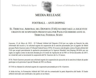Oficial: el TAS "no se opone" al indulto a Paolo Guerrero