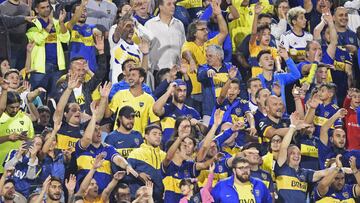 Argentina's Boca Juniors supporters cheer after their team won the Copa Libertadores group H football match against Colombia's Independiente Medellin at La Bombonera stadium, in Buenos Aires, on March 10, 2020. (Photo by JUAN MABROMATA / AFP)