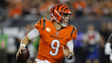 Sep 30, 2021; Cincinnati, Ohio, USA; Cincinnati Bengals quarterback Joe Burrow (9 )runs during the first quarter against the Jacksonville Jaguars at Paul Brown Stadium.