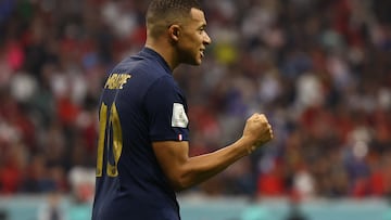 Soccer Football - FIFA World Cup Qatar 2022 - Semi Final - France v Morocco - Al Bayt Stadium, Al Khor, Qatar - December 14, 2022 France's Kylian Mbappe celebrates their second goal REUTERS/Kai Pfaffenbach