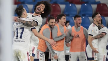 Budimir of C.A. Osasuna celebrate after scoring the 0-1 goal with his teammate Aridane Hernandez of C.A. Osasuna during Spanish LaLiga match between Levante UD and C.A. Osasuna at Ciutat de Valencia Stadium Valencia, Valencia, on February 14, 2