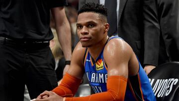 PORTLAND, OR - APRIL 16: Russell Westbrook #0 of the Oklahoma City Thunder looks on from the bench during the second half of Game Two of the Western Conference quarterfinals Portland Trail Blazers during the 2019 NBA Playoffs Moda Center on April 16, 2019 in Portland, Oregon. The Blazers won 114-94. NOTE TO USER: User expressly acknowledges and agrees that, by downloading and or using this photograph, User is consenting to the terms and conditions of the Getty Images License Agreement.   Steve Dykes/Getty Images/AFP (Photo by Steve Dykes/Getty Images)
 == FOR NEWSPAPERS, INTERNET, TELCOS &amp; TELEVISION USE ONLY ==