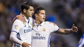 LA CORUNA, SPAIN - APRIL 26:  James Rodriguez of Real Madrid celebrates with his teammates Alvaro Morata of Real Madrid after scoring his team&#039;s fourth goal during the La Liga match between RC Deportivo La Coruna and Real Madrid at Riazor Stadium on 