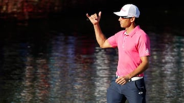 PONTE VEDRA BEACH, FL - MAY 14: Rafa Cabrera Bello of Spain reacts to his birdie on the 17th green during the final round of THE PLAYERS Championship at the Stadium course at TPC Sawgrass on May 14, 2017 in Ponte Vedra Beach, Florida. Andy Lyons/Getty Images/AFP
== FOR NEWSPAPERS, INTERNET, TELCOS & TELEVISION USE ONLY ==