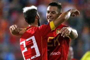 Futbol, Union Espanola vs Atletico Cerro.
Copa Libertadores 2017.
El jugador de Union Espanola  Sebastian Jaime, izquierda, celebra junto a Diego Churin su gol contra Atletico Cerro durante el partido de la llave 3 de la copa Libertadores de America en el Estadio Santa Laura de Santiago, Chile.
07/02/2017
Andres Pina/Photosport*******

Football, Union Espanola vs Atletico Cerro.
Libertadores Cup 2017.
Union Espanola`s player Sebastian Jaime, left, celebrates with Andres Barboza after scoring against HHHH of Atletico Cerro during the key 3 of the Libertadores Cup at Santa Laura stadium in Santiago, Chile.
07/02/2017
Andres Pina/Photosport