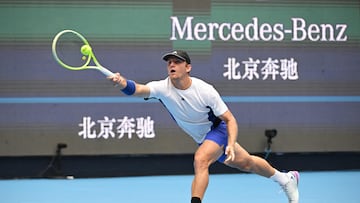 Spain�s Alejandro Davidovich Fokina hits a return to Russia�s Andrey Rublev during their men�s singles match at the China Open tennis tournament in Beijing on September 30, 2024. (Photo by GREG BAKER / AFP)