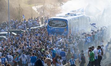 Real Sociedad fans cheer the team on their way down to Seville for the Copa del Rey final.