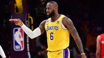 Feb 15, 2023; Los Angeles, California, USA; Los Angeles Lakers forward LeBron James (6) reacts after guard Austin Reaves (15) scores a basket and draws the foul against the New Orleans Pelicans during the second half at Crypto.com Arena. Mandatory Credit: Gary A. Vasquez-USA TODAY Sports