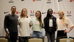 Michael Norman, Cole Hocker, Josette Norris, Athing Mu y Sandi Morris, en la rueda de prensa previa.