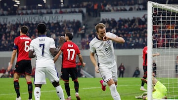 Soccer Football - World Cup - UEFA Qualifiers - Group K - Albania v England - Air Albania Stadium, Tirana, Albania - November 16, 2025 England's Harry Kane celebrates scoring their second goal Action Images via Reuters/Peter Cziborra
