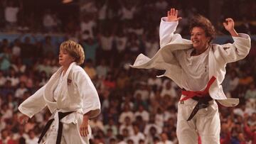 Miriam Blasco celebra el oro ol&iacute;mpico en judo conquistado en Barcelona 92.