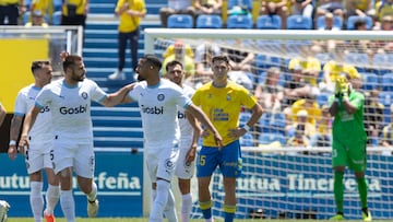 LAS PALMAS DE GRAN CANARIA, 27/04/2024.- Los jugadores Girona celebran el gol contra la Unión Deportiva Las Palmas, durante el partido de la jornada 33 de LaLiga EA Sports este sábado en el estadio de Gran Canaria .- EFE/ Quique Curbelo
