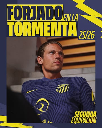 De predominante tonalidad en azul marino, su dise?o incorpora adems unos impactantes rayos en sus dorsales, cuyo vibrante color amarillo  otorga un toque elctrico y distintivo. La equipacin est inspirada en la banda sonora en los momentos previos a cada partido que se disputa en el Riyadh Air Metropolitano.