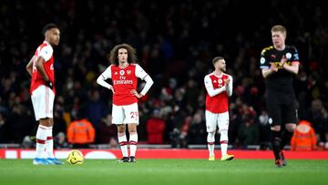 LONDON, ENGLAND - DECEMBER 15: Matteo Guendouzi of Arsenal reacts to Manchester City scoring there third goal during the Premier League match between Arsenal FC and Manchester City at Emirates Stadium on December 15, 2019 in London, United Kingdom. (Phot