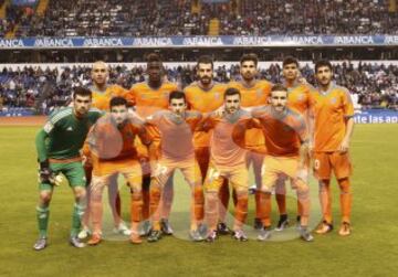 El once inicial del Valencia. De pie: Aymen, Zahibo, Negredo, André Gomes, Danilo y Parejo. Agachados: Ryan, Barragán, Santi Mina, Gayá y Mustafi.