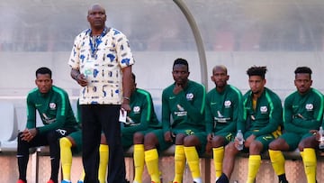 (FILES) In this file photograph taken on October 13, 2019, Head Coach of South Africa, Molefi Ntseki, looks on from the sidelines during the international friendly football match between South Africa and Mali at The Nelson Mandela Bay Stadium, Port Elizab