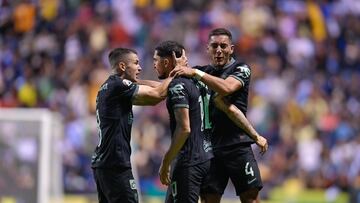 Sebastian Caceres celebrates his goal-1-1 with Alvaro Fidalgo and Diego Valdes of America during the game Puebla vs America, corresponding to the first leg match of Quarterfinals, Torneo Clausura Grita Mexico C22 of the BBVA MX League, at Cuauhtemoc Stadium, on May 11, 2022.
<br><br>
Sebastian Caceres celebra su gol l-1-1 con Alvaro Fidalgo y Diego Valdes de America durante el partido Puebla vs America, correspondiente al partido de Ida de Cuartos de Final del Torneo Clausura Grita Mexico C22 de la Liga BBVA MX, en el Estadio Cuauhtemoc, el 11 de Mayo de 2022.