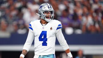 ARLINGTON, TEXAS - SEPTEMBER 22: Quarterback Dak Prescott #4 of the Dallas Cowboys looks on against the Baltimore Ravens during the second quarter at AT&T Stadium on September 22, 2024 in Arlington, Texas. Sam Hodde/Getty Images/AFP (Photo by Sam Hodde / GETTY IMAGES NORTH AMERICA / Getty Images via AFP)