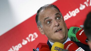 Javier Tebas, durante el acto de presentación de los clubes ascendidos a LaLiga Santander y a LaLiga 1/2/3.