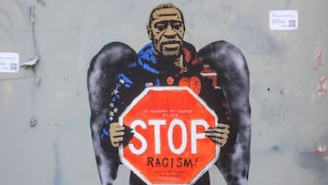 BARCELONA, SPAIN - MAY 31: Graffiti in memory of George Floyd by Italian street artist TVBoy on May 31, 2020 in Barcelona, Spain. The death of an African-American man, George Floyd, at the hands of police in Minneapolis has sparked violent protests across