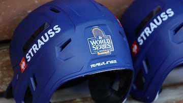 LOS ANGELES, CALIFORNIA - OCTOBER 26: A detailed view of a helmet is seen with a World Series logo before the New York Yankees take on the Los Angeles Dodgers during Game Two of the 2024 World Series at Dodger Stadium on October 26, 2024 in Los Angeles, California. Alex Slitz/Getty Images/AFP (Photo by Alex Slitz / GETTY IMAGES NORTH AMERICA / Getty Images via AFP)